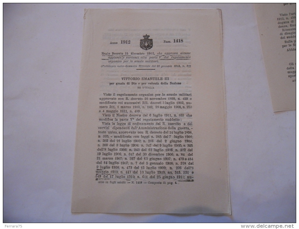 SCUOLE MILITARI AGGIUNTE AL REGOLAMENTO DELL'ORGANICO  REGIO DECRETO 1912 - Decreti & Leggi