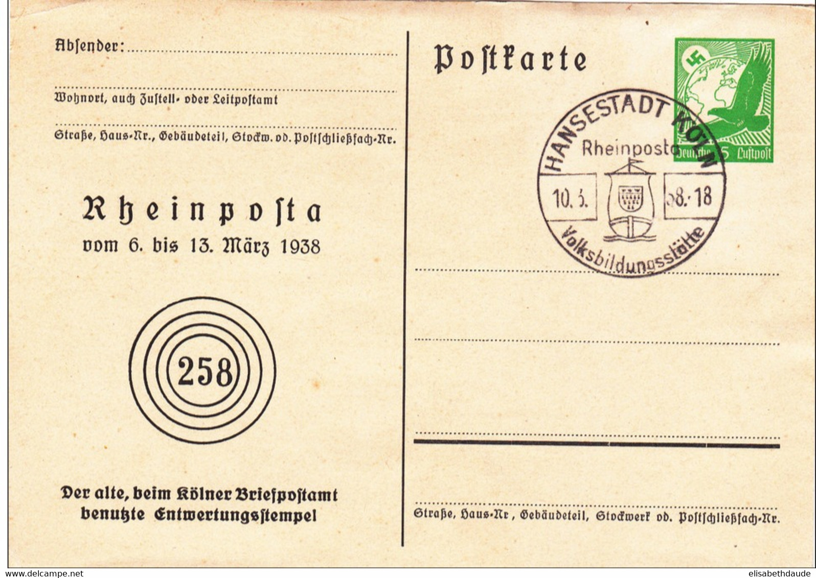 1938 - CARTE ENTIER POSTAL Avec REPIQUAGE De L'EXPO "RHEINPOSTA" à KÖLN - Interi Postali Privati