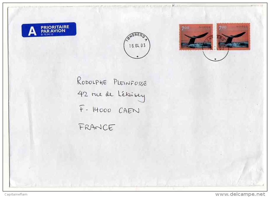 WHALE Tail Queue De Baleine Wal Norge Norway Stamps Postmarked Tonsberg A 16 04  2003 On Cover To France - Walvissen