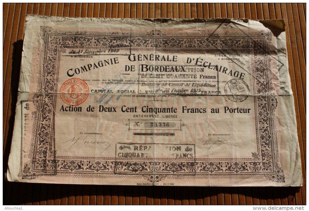 1904 Compagnie Générale D´éclairage De Bordeaux Action De 250 Fr. Porteur  Titre Et Action Scripophilie(État) - Electricity & Gas