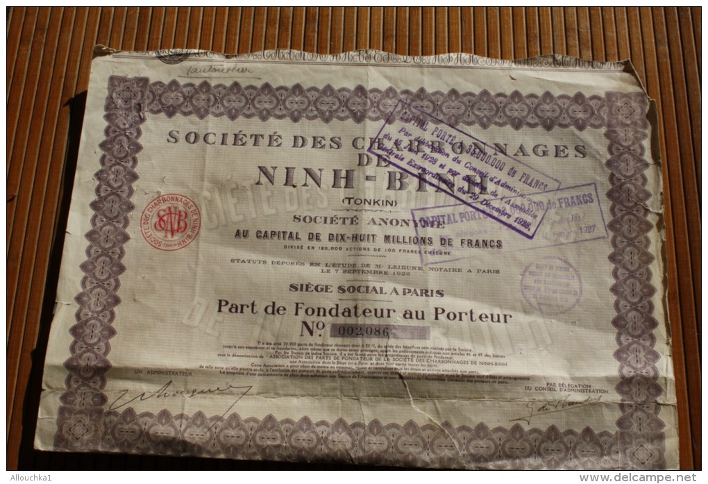 1926-société Des Charbonnages De NINH-BINH (Tonkin) Indochine Part Fondation PorteurTitre Action Scripophilie - Asie