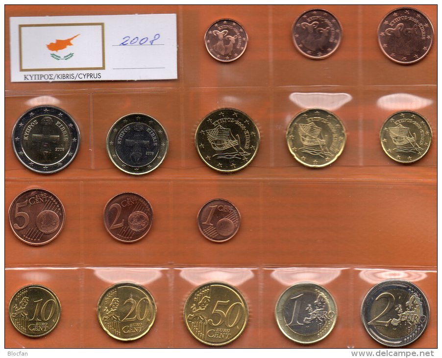 Cyprus 2008 Stg. 16€ Stempelglanz EURO-Einführung Der Staatlichen Münze Zypern Set 1C.-2€ Coins Republik Of South-Kibris - Zypern