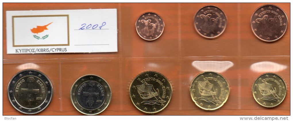 Cyprus 2008 Stg. 16€ Stempelglanz EURO-Einführung Der Staatlichen Münze Zypern Set 1C.-2€ Coins Republik Of South-Kibris - Cipro