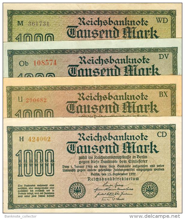 Deutschland, Germany - 4 X 1000 Mark, Reichsbanknote, Ro. 75 , VF ( III ) 1922 ! - 1000 Mark