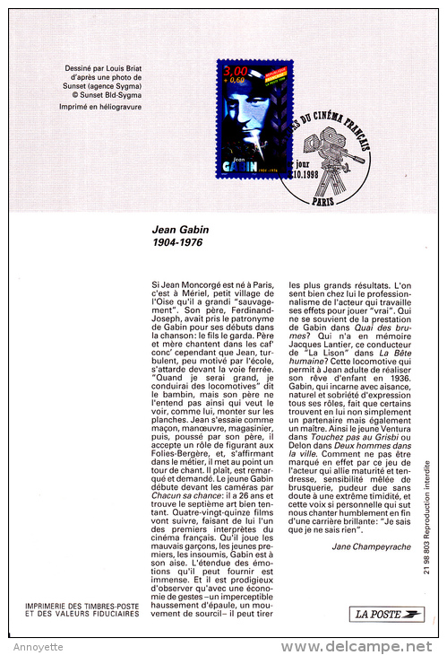 Notice Philatélique 1er Jour  - Personnages Célèbres. Acteurs Du Cinéma Français - Jean  Gabin -  YT 3189 - 1998 - Documenti Della Posta