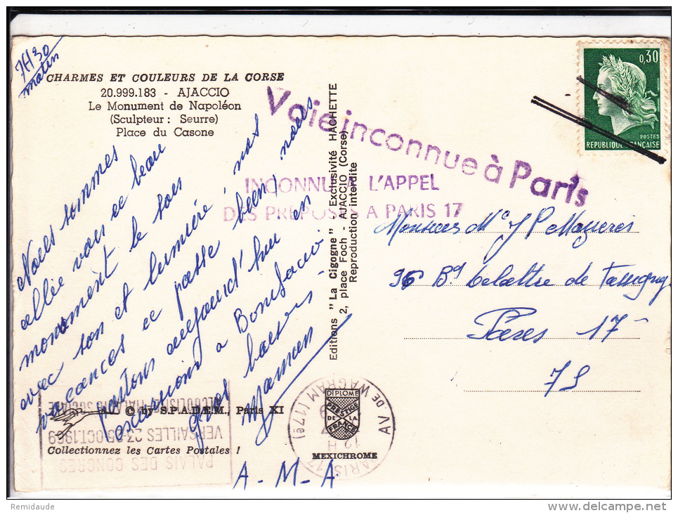 CHEFFER - 1969 - CP De AJACCIO (CORSE) Pour PARIS - VOIE INCONNUE à PARIS - ANNULATION DOUBLE TRAIT - 1961-....