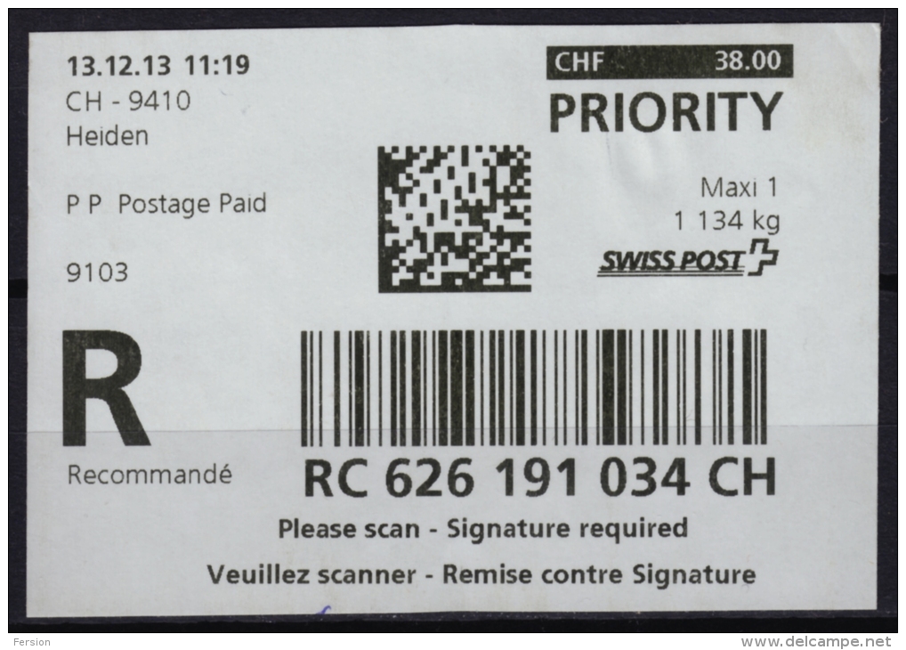 Switzerland 2013 - Registered Package ATM Label / Self Adhesive - Used - Sellos De Distribuidores