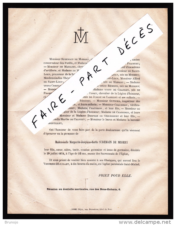 Faire-part Décès Mlle Marguerite Joséphine Berthe SUREMAIN DE MISSERY, 1874 - Obituary Notices