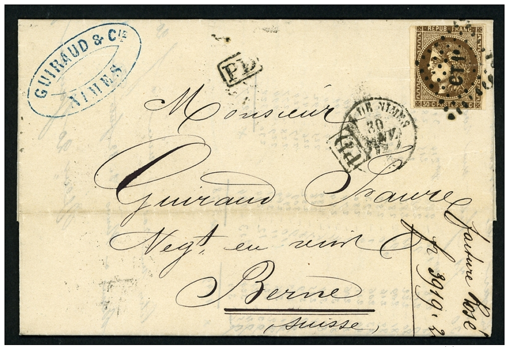 France 1872 Lettre Affr.30 C. Type Bordeaux Oblit. RARE Ambulant "CT1+GARE DE NIMES"(Gard)> Bern Suisse (cover) - 1849-1876: Periodo Classico