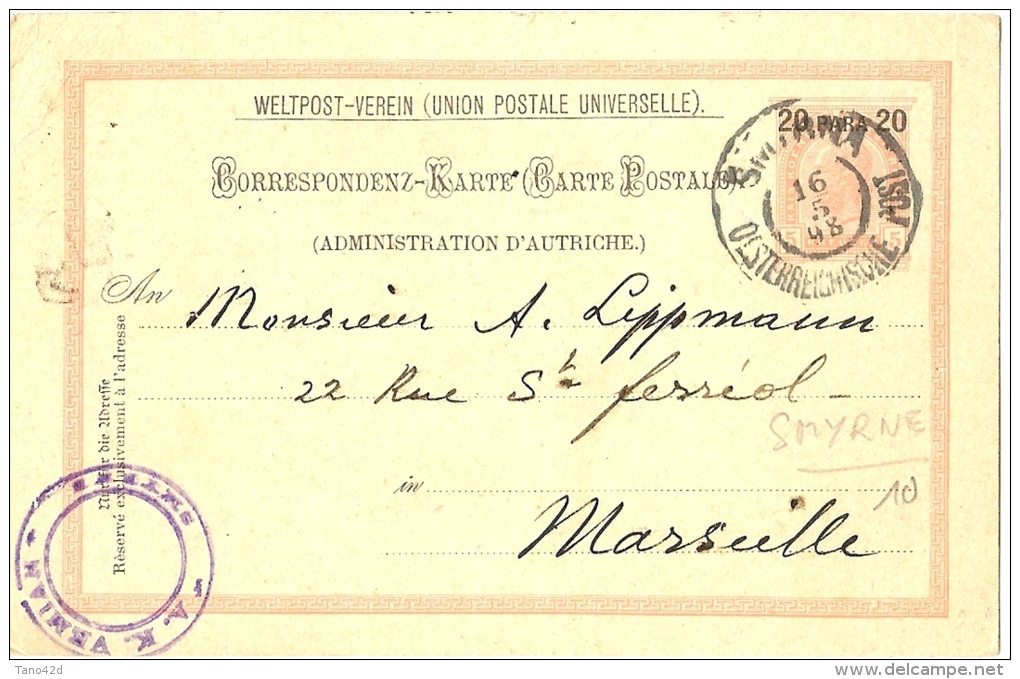 LBL23 - LEVANT AUTRICHIEN EP CP DE SMYRNE POUR MARSEILLE 16/5/1898 - Levante-Marken