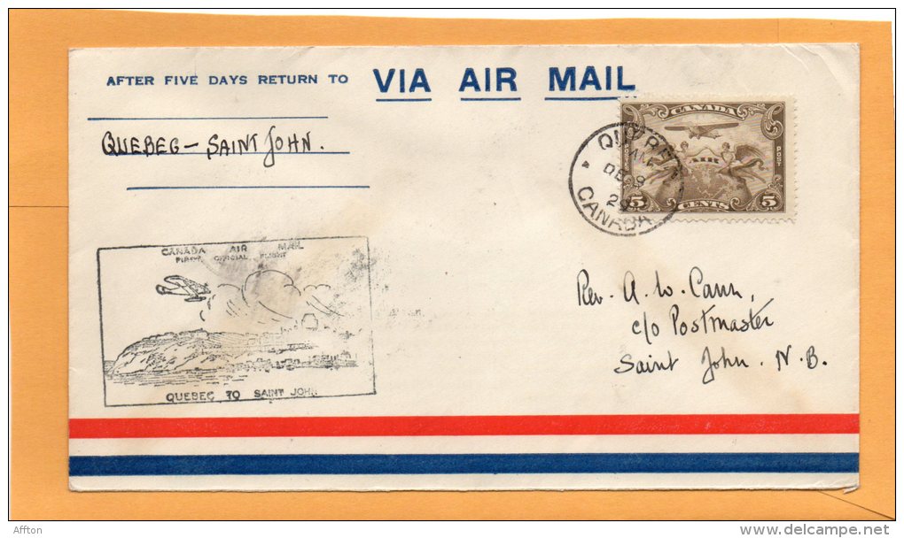 Quebec To Saint John 1929 Canada Air Mail Cover - Premiers Vols