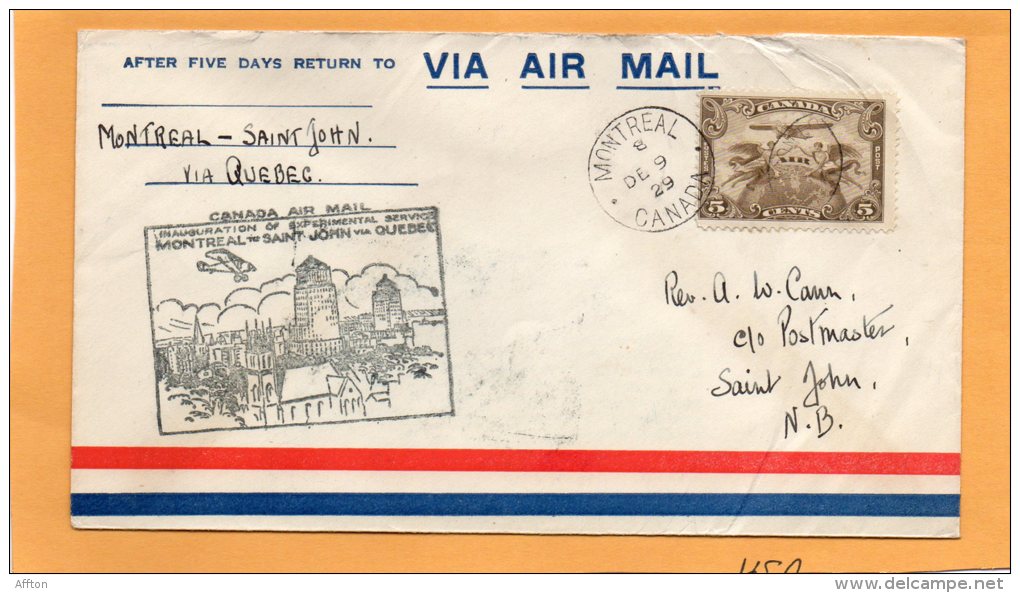 Montreal To Saint John Via Quebec 1929 Canada Air Mail Cover - First Flight Covers