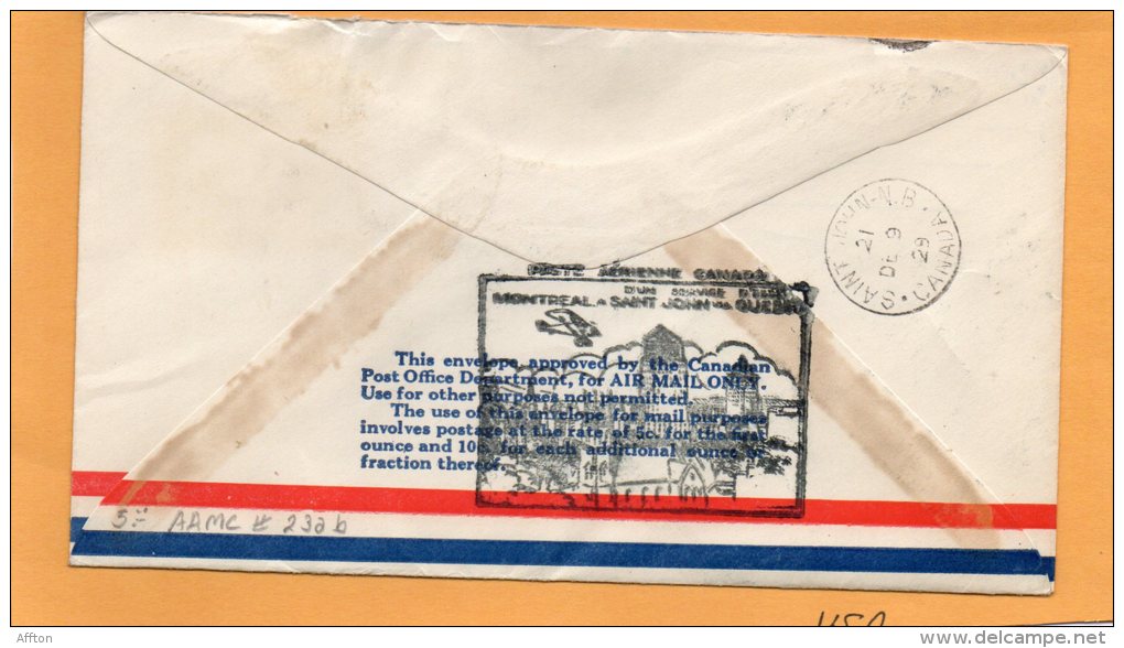 Montreal To Saint John Via Quebec 1929 Canada Air Mail Cover - First Flight Covers