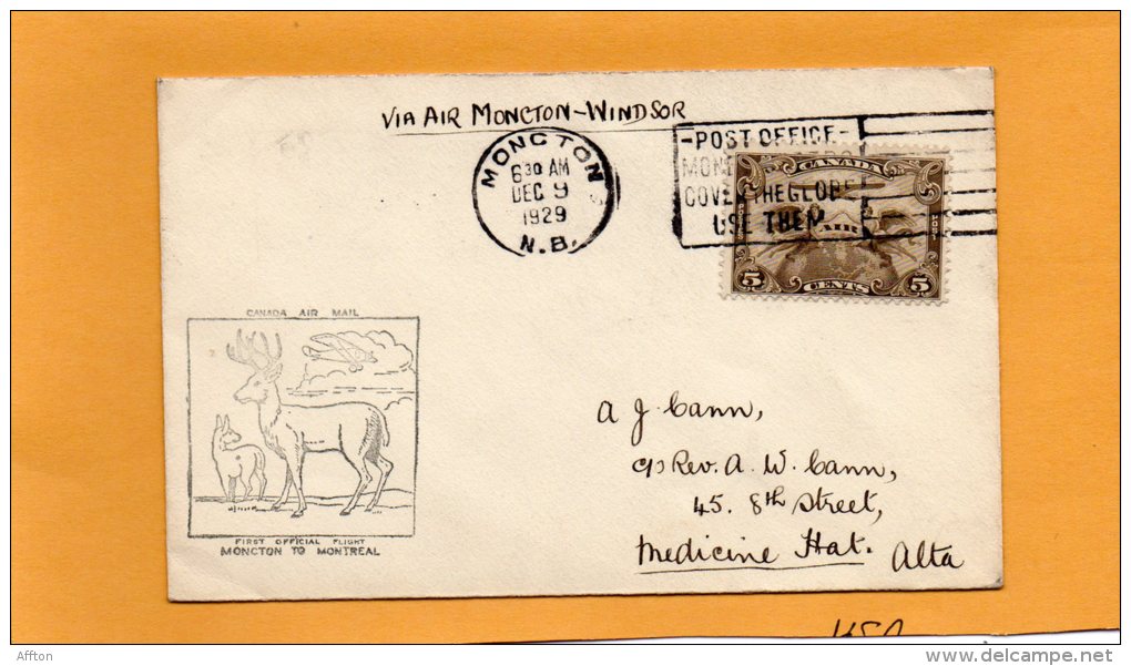 Moncton To Windsor 1929 Canada Air Mail Cover - First Flight Covers