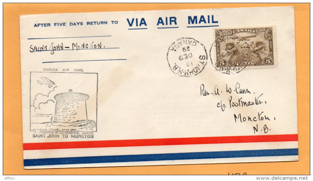 Saint John To Moncton 1929 Canada Air Mail Cover - First Flight Covers