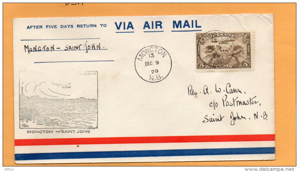 Moncton To St John 1929 Canada Air Mail Cover - First Flight Covers
