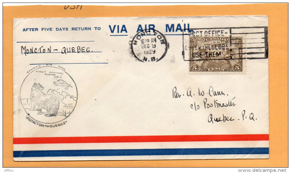 Moncton To Quebec 1929 Canada Air Mail Cover - First Flight Covers