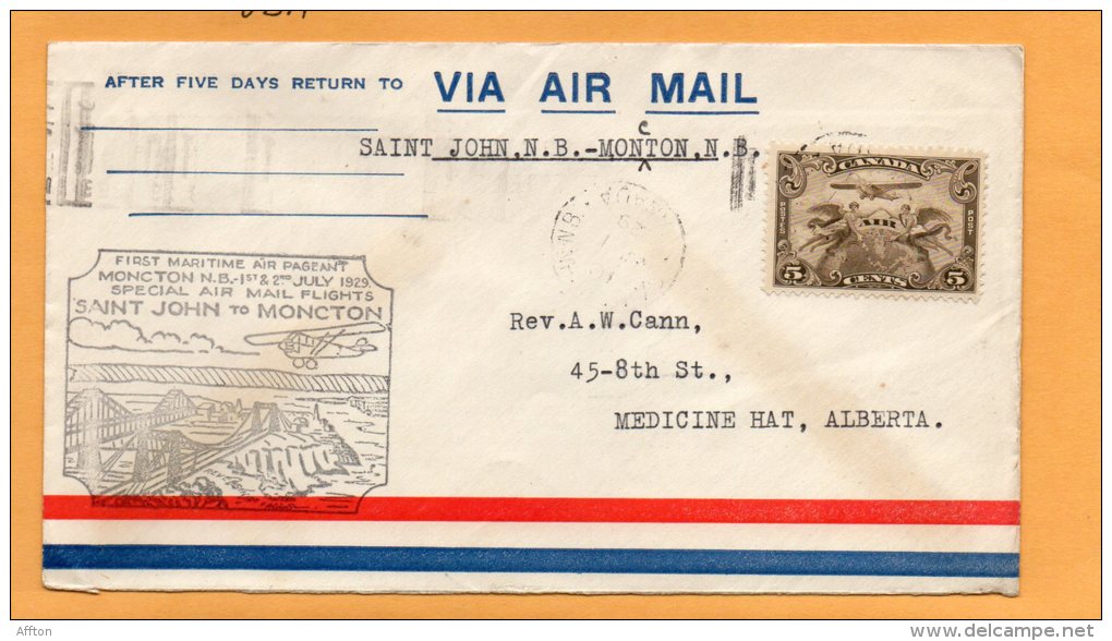 St John To Moncton 1929 Canada Air Mail Cover - First Flight Covers