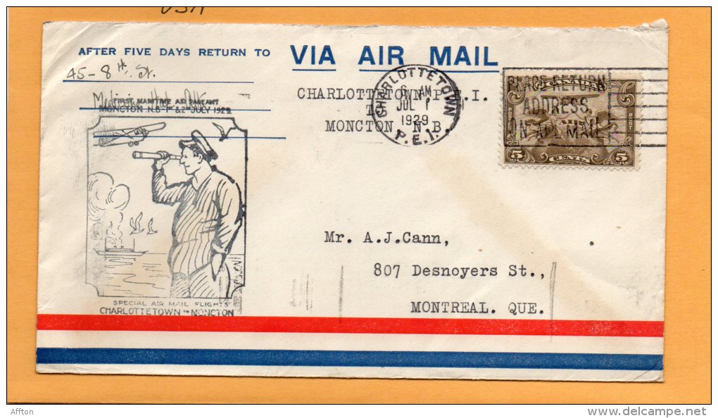 Charlottetown PEI To Moncton 1929 Canada Air Mail Cover - First Flight Covers