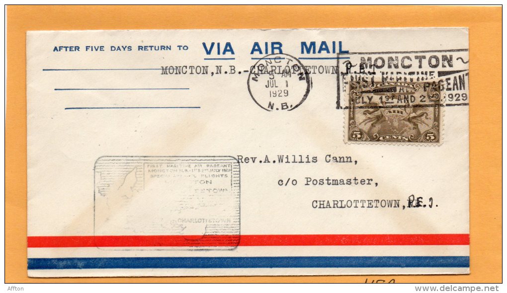 Moncton To Charlottetown 1929 Canada Air Mail Cover - First Flight Covers