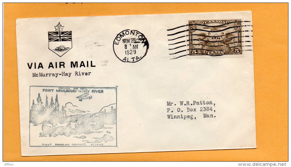 Mc Murray To Hay River 1929 Canada Air Mail Cover - First Flight Covers