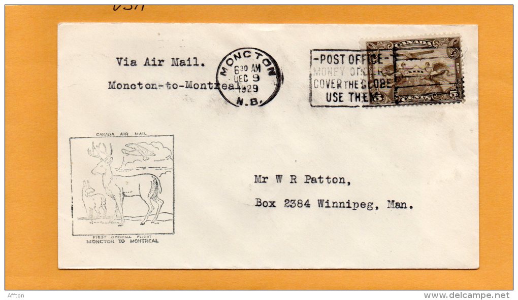 Moncton To Montreal 1929 Canada Air Mail Cover - First Flight Covers