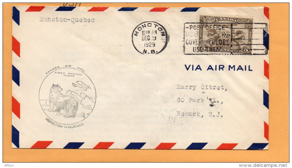 Moncton To Quebec 1929 Canada Air Mail Cover - First Flight Covers