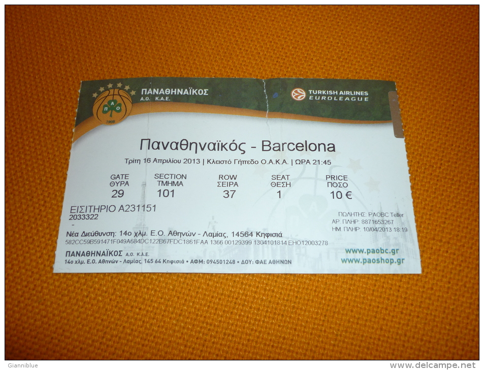 Panathinaikos-Barcelona Spain Euroleague Basketball Ticket 16/4/2013 - Tickets D'entrée