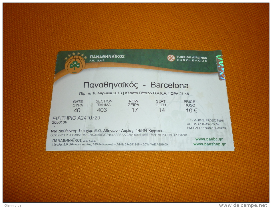 Panathinaikos-Barcelona Spain Euroleague Basketball Ticket 18/4/2013 - Tickets D'entrée