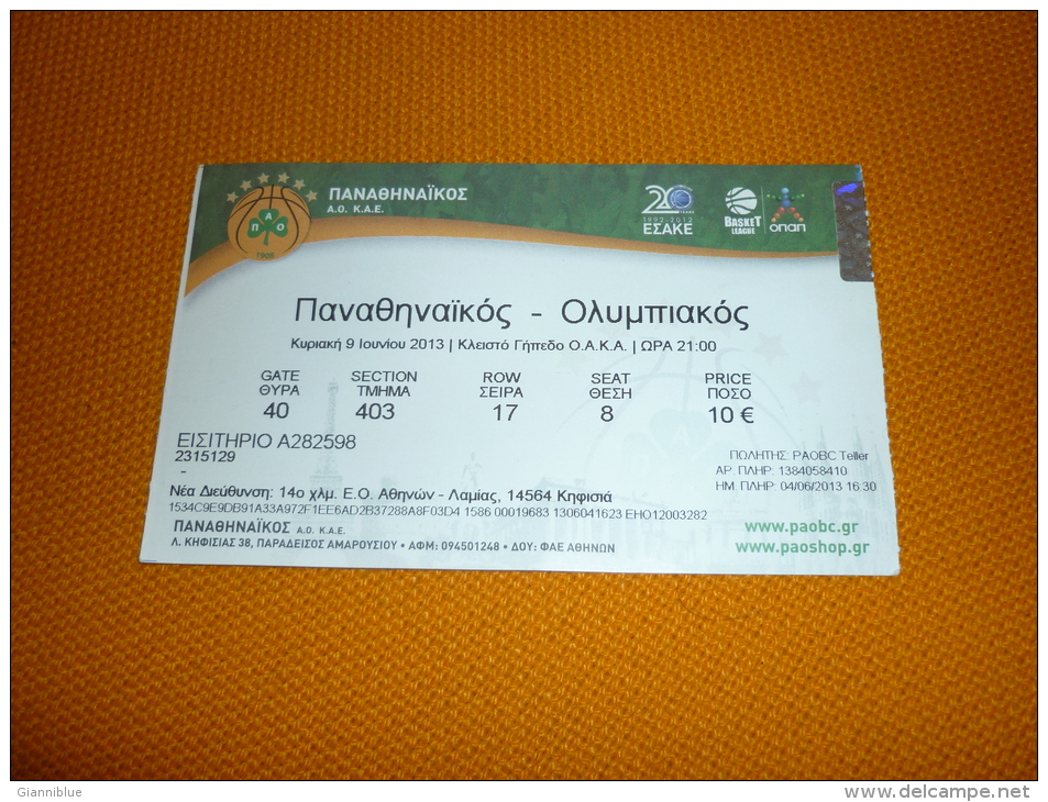 Panathinaikos-Olympiakos Greek Championship Final Basketball Ticket 9/6/2013 - Tickets D'entrée