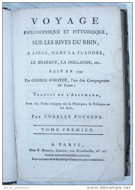 VOYAGE Au RHIN /  George Forster / Tome 1 De L’Édition Originale De F. Buisson En L’An III (1795) - 1701-1800