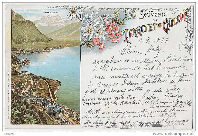 Souvernir De TERRITET-CHILLON Gruss Aus Litho H.Guggenheim Zürich 1897 - Sonstige & Ohne Zuordnung