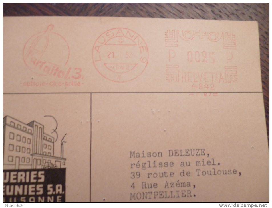 Sur Carte Pub Drogueries Réunies De Lasanne Suisse Oblitération Rouge EMA Pub. 1952 Pour La Maison Deleuze Montpellier R - Lettres & Documents