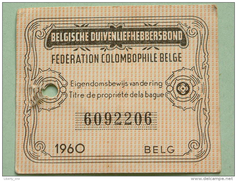 Fédération Colombophile Belge - Titres De Propriété De 1960 Eigendomsbewijs Ring Bague Duivenliefhebbersbond ! - Autres & Non Classés