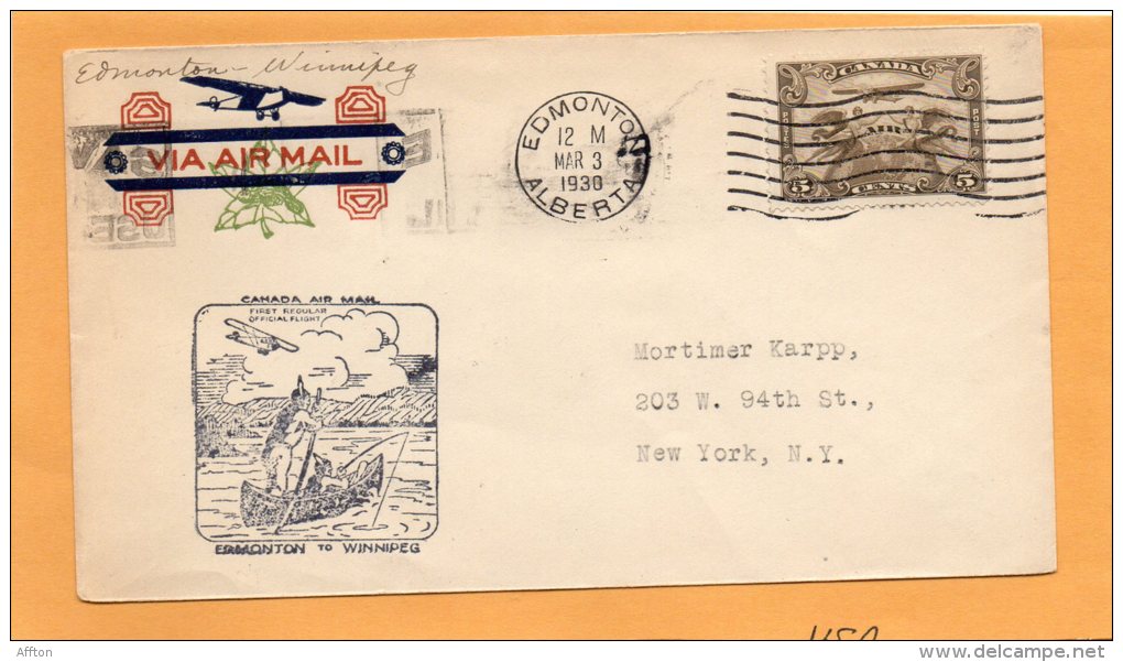 Edmonton To Winnipeg 1930 Canada Air Mail Cover - First Flight Covers