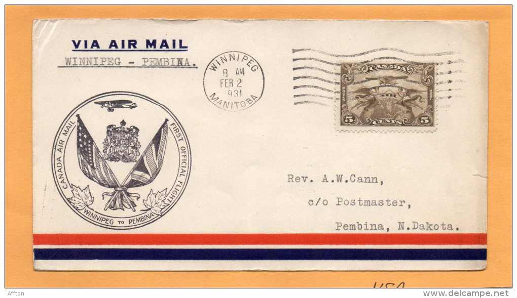 Winnipeg  To Pembina 1931 Canada Air Mail Cover - First Flight Covers