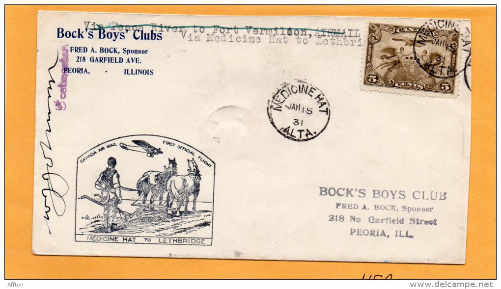 Medicine Hat  To Lethbridge 1931 Canada Air Mail Cover - First Flight Covers