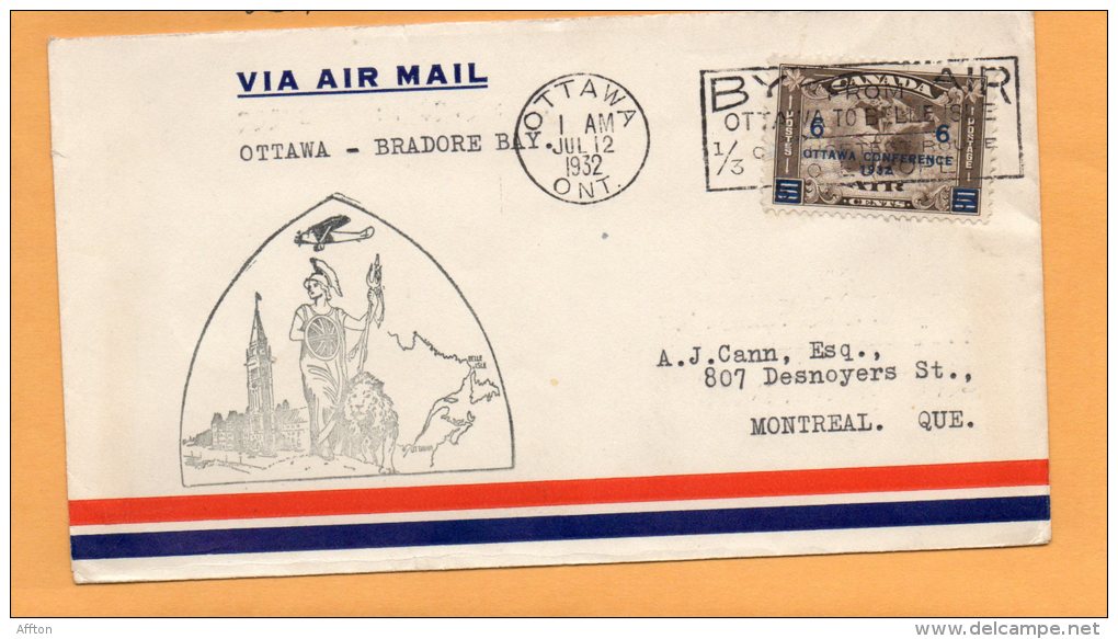 Ottawa To Bradore Bay 1932 Canada Air Mail Cover - First Flight Covers