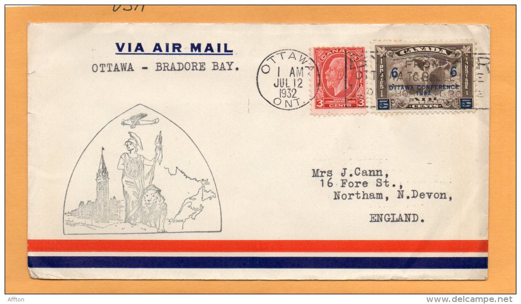 Ottawa To Bradore Bay 1932 Canada Air Mail Cover - First Flight Covers