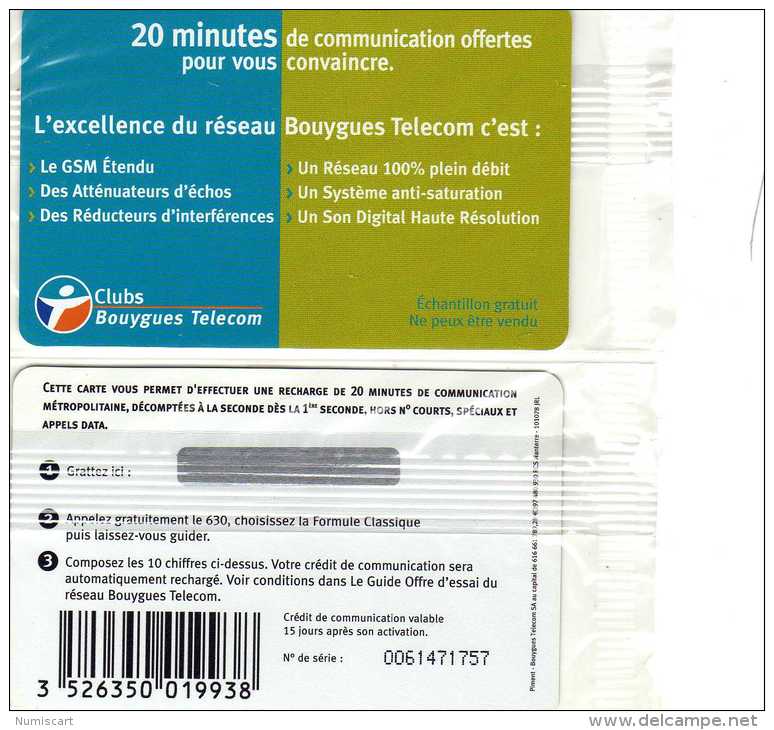 Bouygues Telecom Télécarte Prépayée Recharge GSM 20 Minutes Pour Convaincre Carte Nomad échantillon - Autres & Non Classés