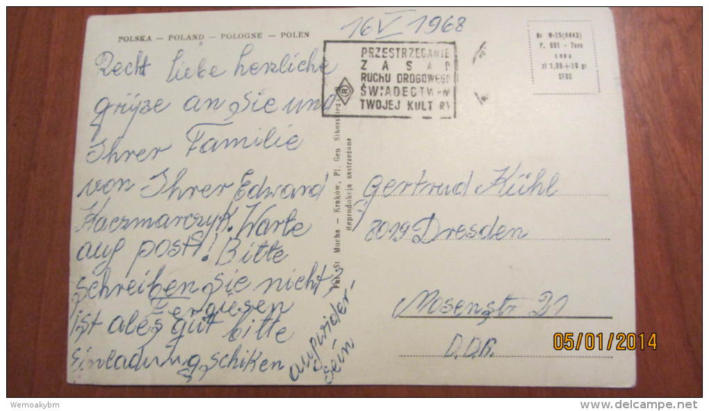 AK  Krakow (Krakau) - Polen Mit Kopiee Koseinszki Vom 16.5.1968 Ohne Briefmarke - Polonia