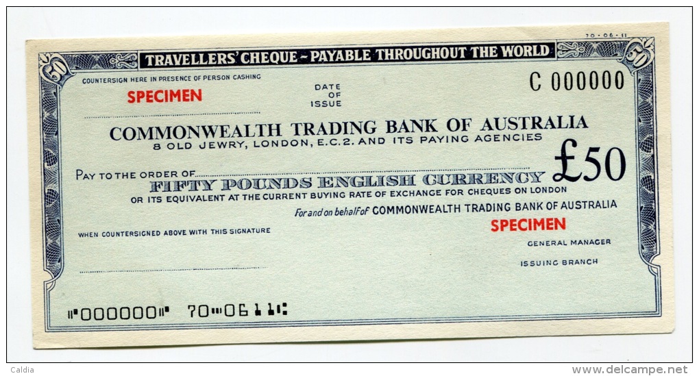 Australia Australie Great Britain 50 Pounds ""CHEQUE De VOYAGE " TRAVELLERS CHEQUE "" SPECIMEN Commonwealth - Altri & Non Classificati