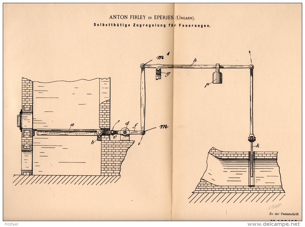 Original Patentschrift - Anton Firley In Eperjes / Prešov, 1898 , Zugregelung Für Feuerung , Heizung , Hungary , Ungarn - Machines