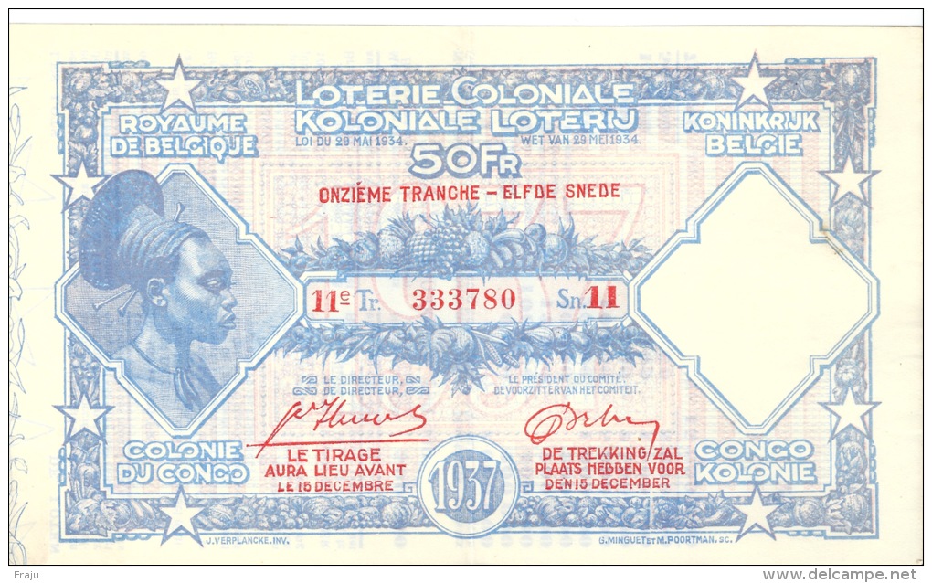 Loterie Coloniale Colonie Du Congo 50Fr   1937 11é Tranche - Billetes De Lotería