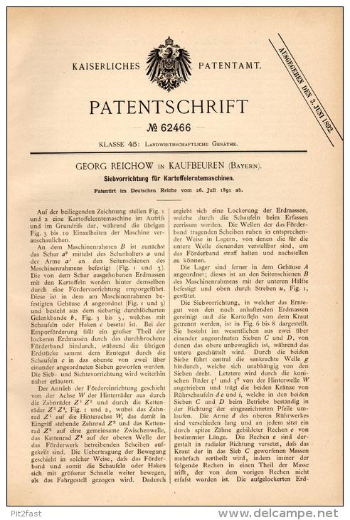 Original Patentschrift - Georg Reichow In Kaufbeuren , 1891 , Siebapparat Für Kartoffelerntemaschinen , Landwirtschaft ! - Tools