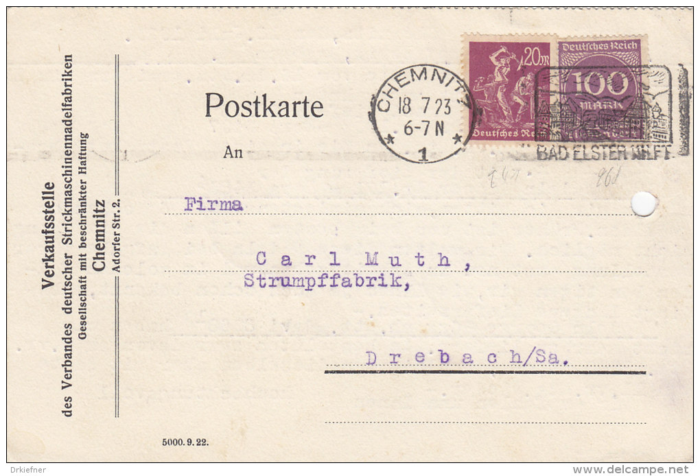 INFLA: DR 241, 268a MiF Auf Postkarte Mit Gelegenheits-Stempel (Filbrandt 67): Chemnitz -/*1* Bad Elster Hilft 18.7.1923 - Other & Unclassified
