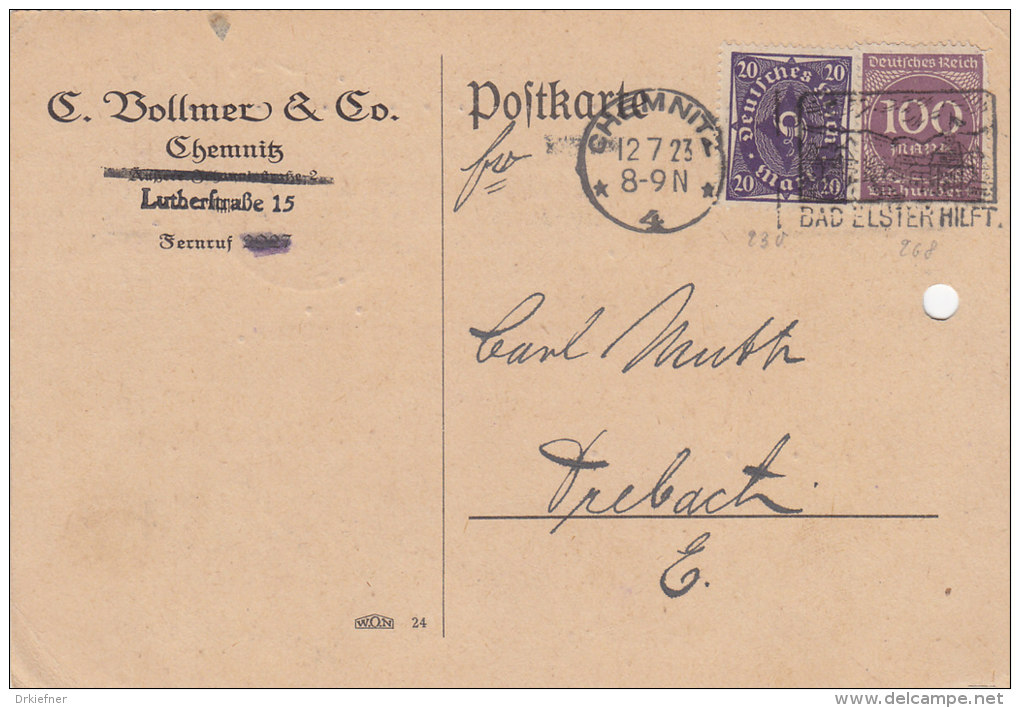 INFLA: DR 230 P, 268 A MiF, Postkarte Mit Gelegenheits-Stempel (Filbrandt 67): Chemnitz -/*4* Bad Elster Hilft 12.7.1923 - Sonstige & Ohne Zuordnung