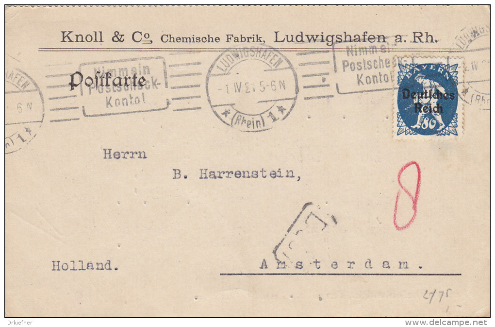 INFLA: DR 128 EF, Auslands-Karte Mit Gelegenheits-Stempel (Filbrandt 2.1ay): Ludwigshafen Postscheckkonto 1.IV.1921 - Sonstige & Ohne Zuordnung