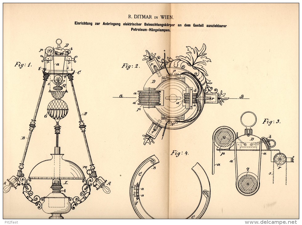 Original Patentschrift - R. Ditmar In Wien , 1892 , Elekrische Beleuchtungskörper , Leuchter , Lampen , Anbringung !!! - Leuchten & Kronleuchter
