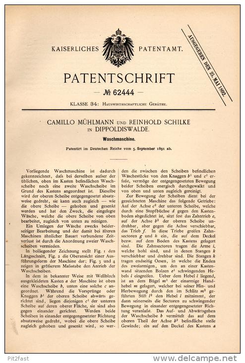 Original Patentschrift - C. Mühlmann Und R. Schilke In Dippoldiswalde , 1891 , Waschmaschine , Wäscherei !!! - Maschinen